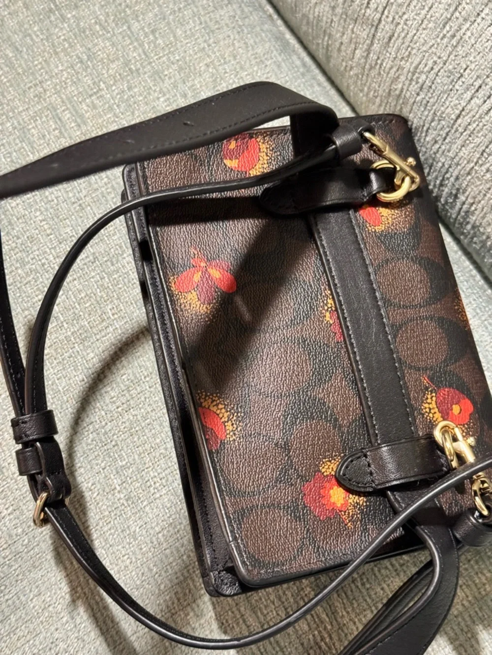Coach Floral Signature Crossbody Bag in Brown with Red Accents